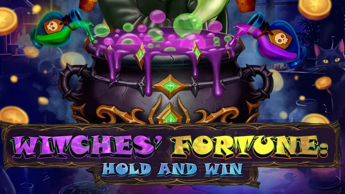 Tampilan visual slot Witches’ Fortune: Hold & Win dengan tema penyihir dan kuali ajaib
