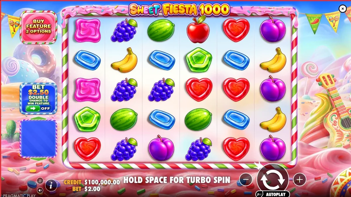 Tampilan visual ceria dari slot Sweet Fiesta 1000 dengan tema karnaval permen